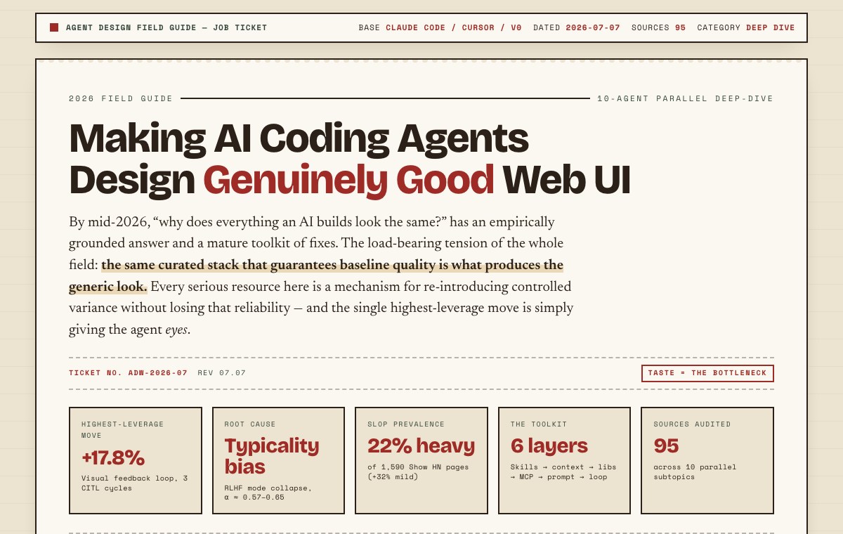 The opening page of the AI Coding Agents Web UI field guide, with its title and five KPI cards.
