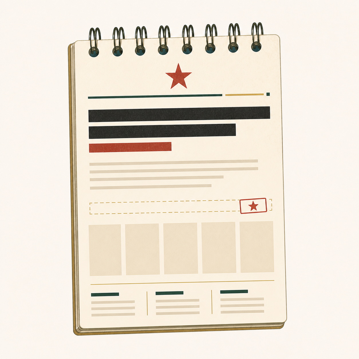 A cream spiral-bound Fieldpacket notebook opened to a sparse research report layout with a red star, headline bars, ticket rail, and KPI blocks.