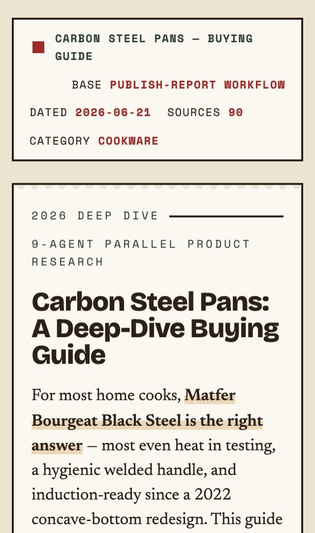 The Carbon Steel Pans report rendered on a phone-width screen, with its report shell remaining readable.
