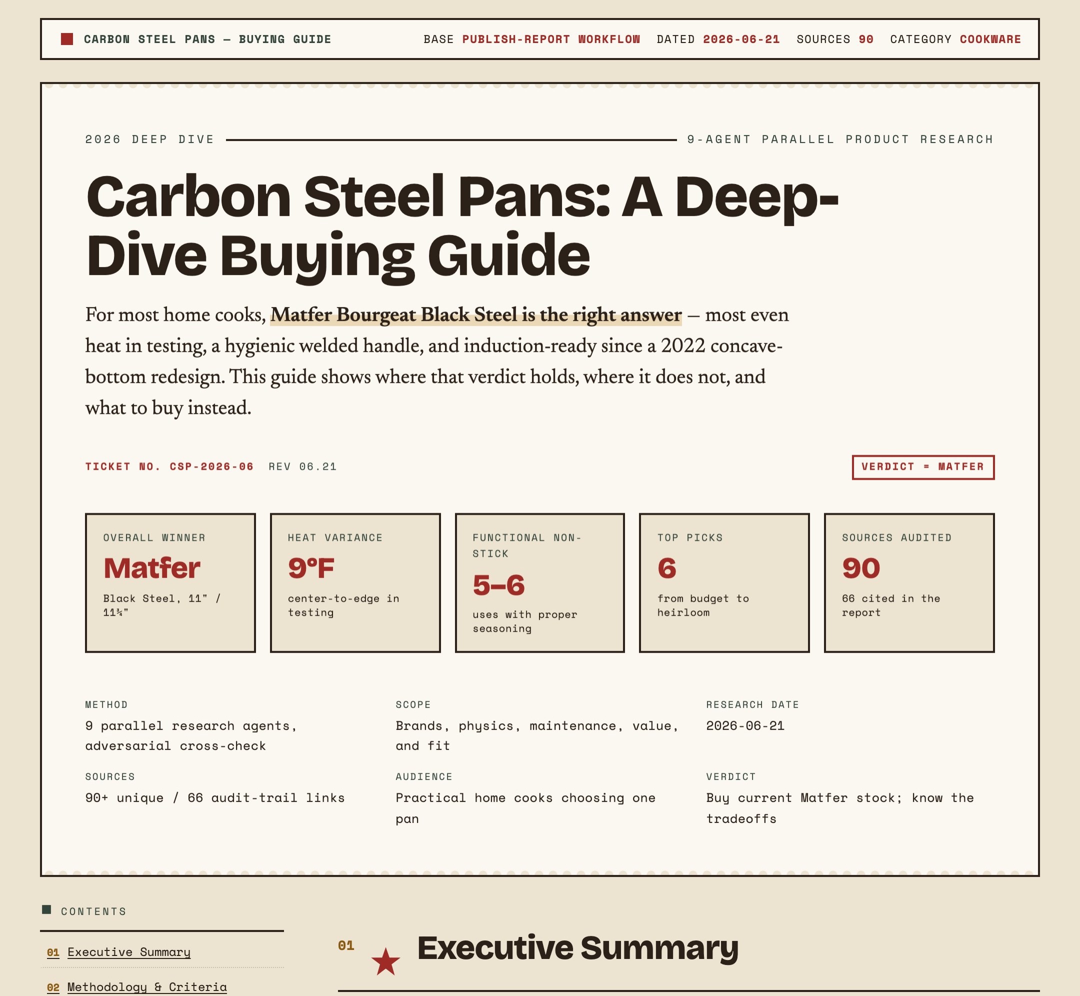 The Carbon Steel Pans report opening page: a boxed hero, five KPI cards, ticket metadata, and a numbered contents rail.